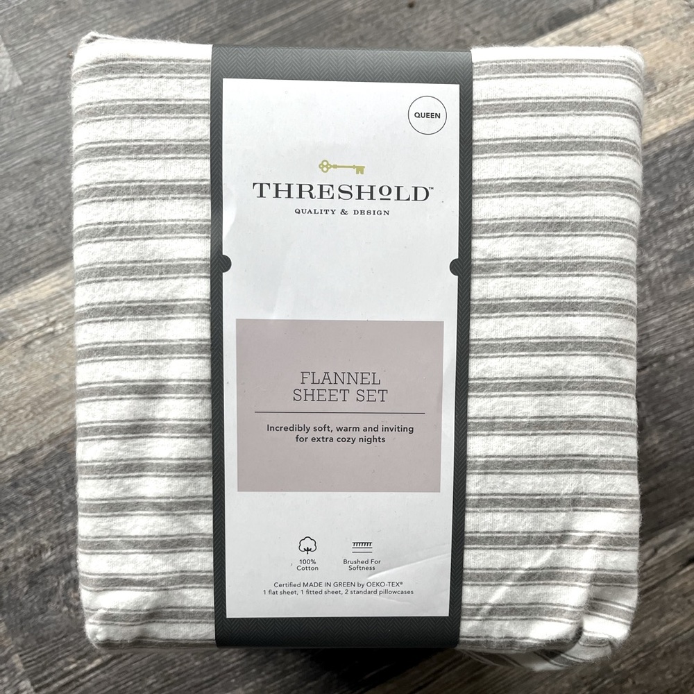 Threshold Target brand flannel sheets set Queen size.  White and gray striped.
